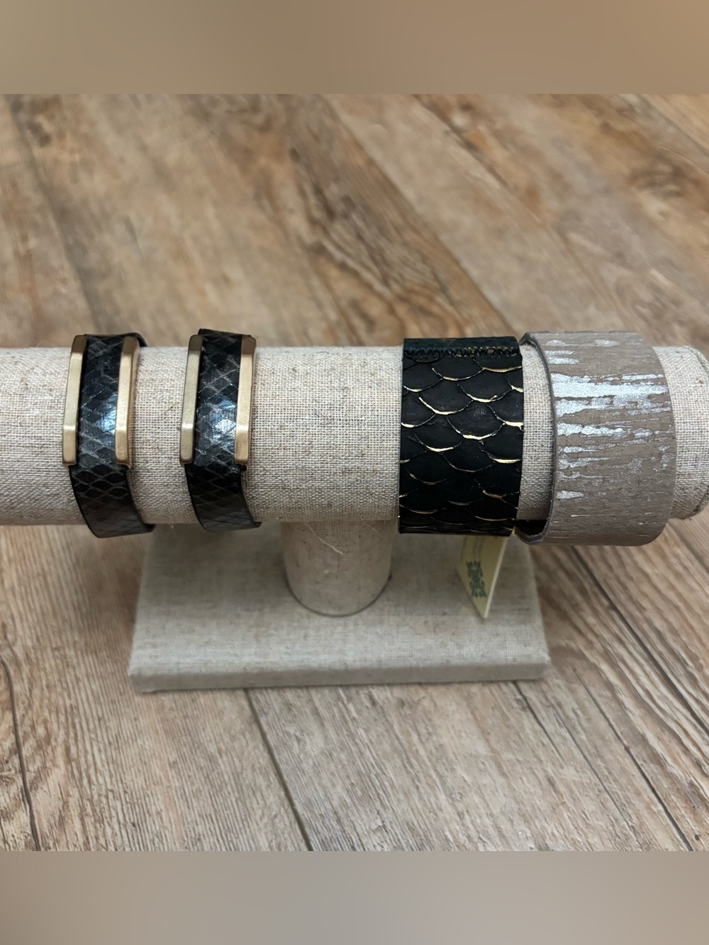 Black and Gray Gold Trim -Texture Leather Bracelet Set of 4